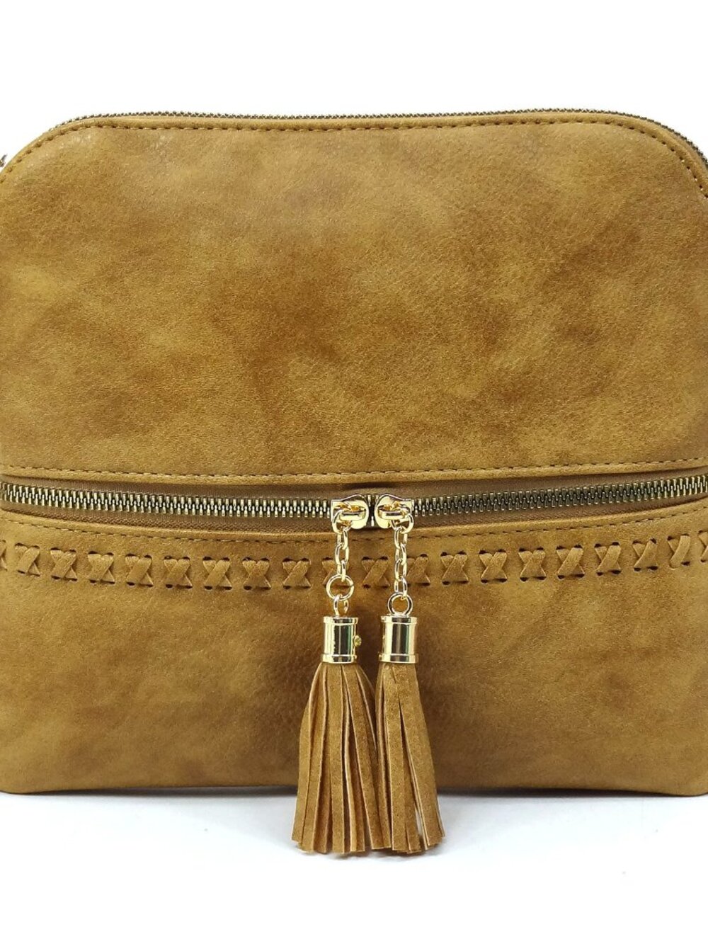 Whipstitch Tassel Zipper Crossbody Bag - Khaki